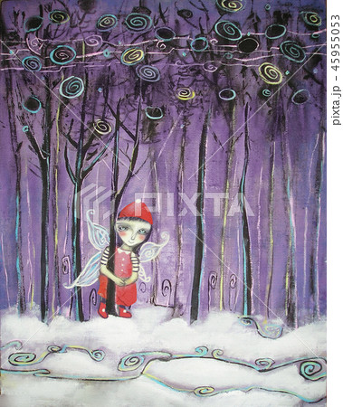 Elf in red clothes between the snowy trees. Elf in red clothes between the snowy trees. 45955053