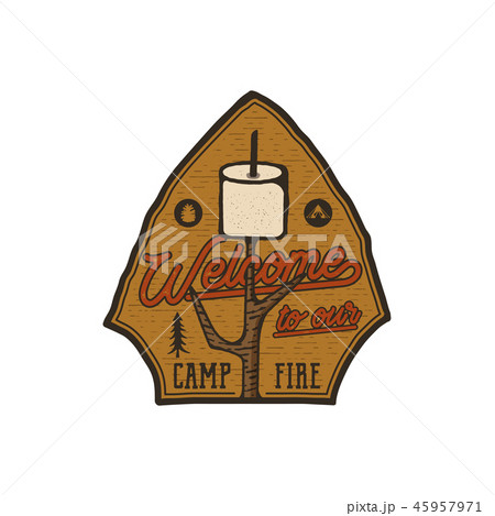Campsite Logo Emblem. Vintage hand drawn travel badge. Featuring marshmallow and quote - welcome to Campsite Logo Emblem. Vintage hand drawn travel badge. Featuring marshmallow and quote - welcome to 45957971