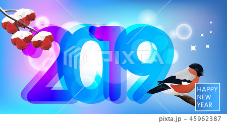 new year greeting card text 2019 bullfinch  45962387