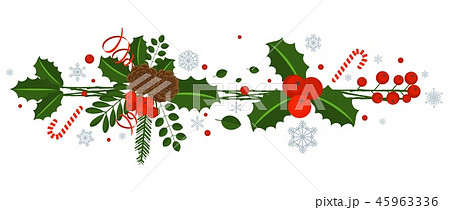 Holly berry, pine branch and cones, snowflakes 45963336