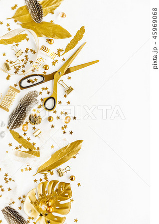 Flat Lay on White Background with Golden Deco Flat Lay on White Background with Golden Deco 45969068