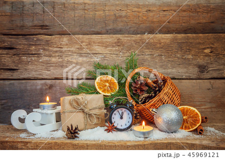 Christmas New Year Composition on old shabby rustic wooden background Christmas New Year Composition on old shabby rustic wooden background 45969121
