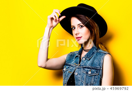 Portrait of young adult woman in hat Portrait of young adult woman in hat 45969792