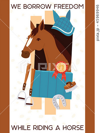 Cartoon jokey banner with horse in stable, equipment for horse riding, stirrup, horseshoe, equine 45969946