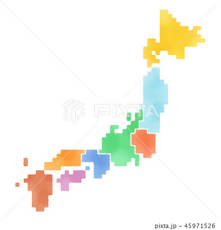 地域区分別日本ドット地図 ラフ水彩風着色 のイラスト素材