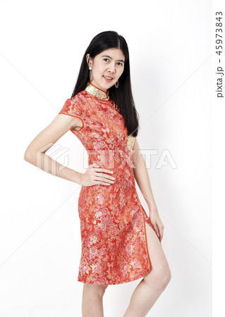Chinese new year woman wearing Chinese dress 45973843