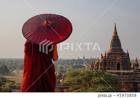 A monk at ancient temple in Bagan, Myanmar 45973858
