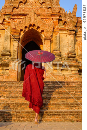 A monk at ancient temple in Bagan, Myanmar 45973887