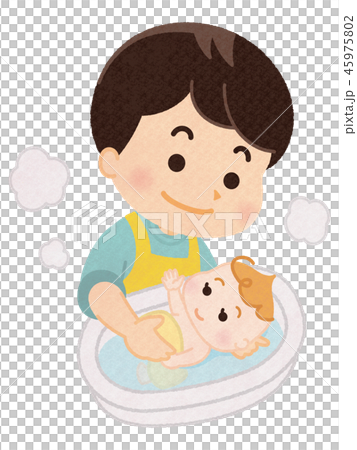 赤ちゃんを沐浴させるお父さんのイラスト素材