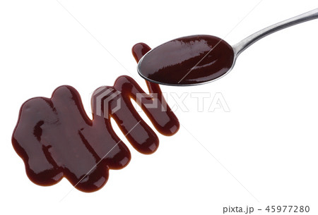 Barbecue sauce. Splashes and spilled grill sauce with spoon isolated on white background 45977280