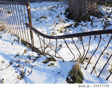 倒木によって曲がった鉄の柵 45977749