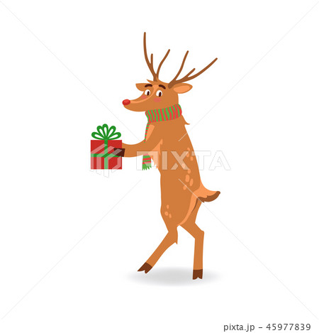 Vector illustration of reindeer with red nose and antlers in scarf holding wrapped gift box. Vector illustration of reindeer with red nose and antlers in scarf holding wrapped gift box. 45977839