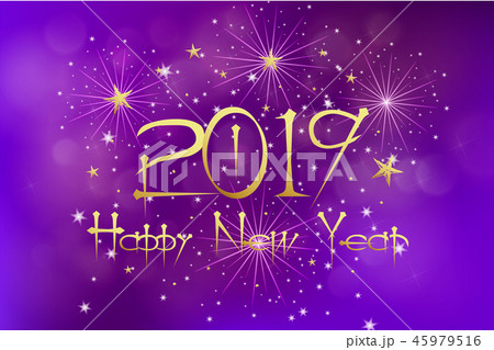 2019 hand written lettering with golden Christmas stars on purple violet background. Happy New Year 45979516