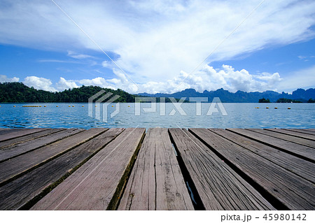 Wooden platform floor with beautiful lake Wooden platform floor with beautiful lake 45980142