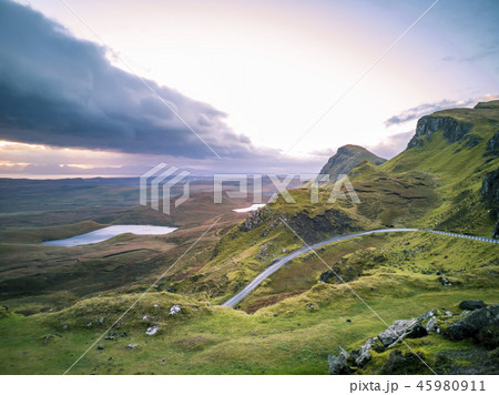 Sunrise over the Quiraing on the Isle of Skye in Scotland. Sunrise over the Quiraing on the Isle of Skye in Scotland. 45980911