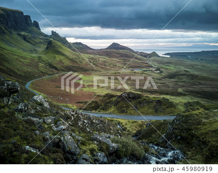 Sunrise over the Quiraing on the Isle of Skye in Scotland. Sunrise over the Quiraing on the Isle of Skye in Scotland. 45980919