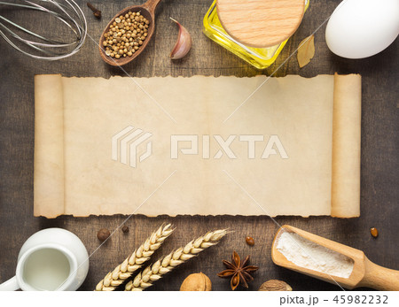 bakery ingredients on wooden background bakery ingredients on wooden background 45982232