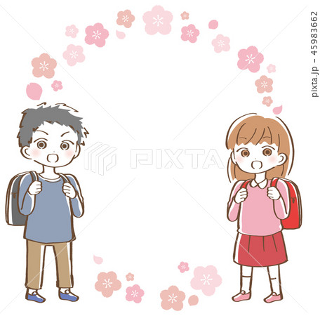 桜 ランドセル 女の子と男の子 イラストのイラスト素材