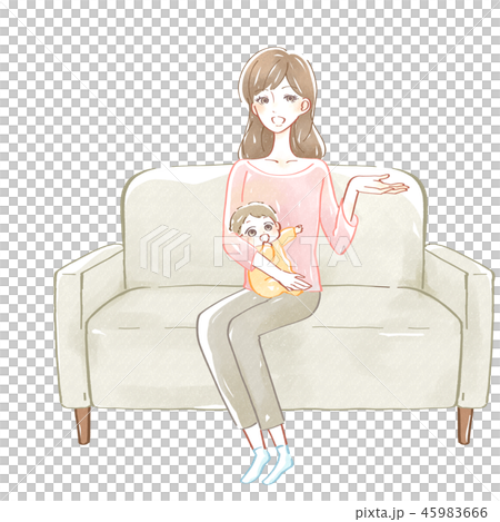 ソファーに座る親子 水彩イラストのイラスト素材