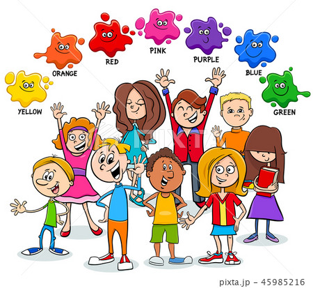 basic colors educational page with kids - Stock Illustration [45985216] -  PIXTA
