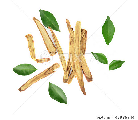 Top view of Slice Licorice roots white background Top view of Slice Licorice roots white background 45986544