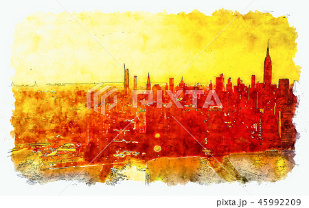 Aerial view of the East River and the Manhattan skyline 45992209