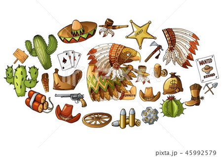 Vector hand drawn wild west indians elements stickers set illustration 45992579