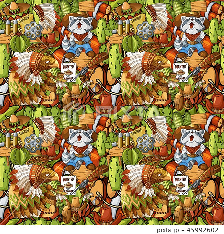 Seamless pattern of hand drawn wild west american cowboy indian icons filled 45992602