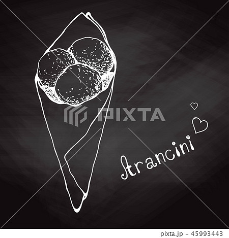 Sketch arancini in a paper bag on a chalkboard. 45993443