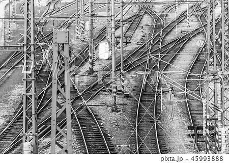 Railroad tangle at large train station. Railway transportation theme Railroad tangle at large train station. Railway transportation theme 45993888