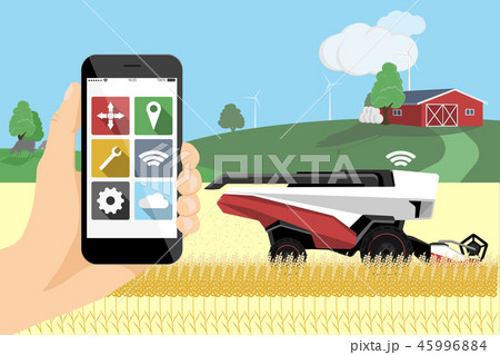 Farmer controls autonomous harvester by phone Farmer controls autonomous harvester by phone 45996884