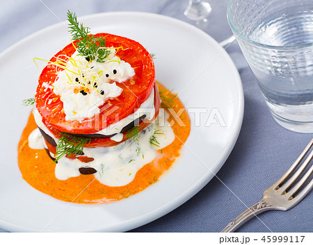 Roasted grill slices of eggplant and tomato Roasted grill slices of eggplant and tomato 45999117