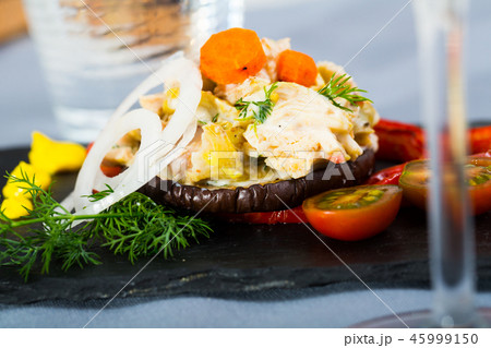 Chicken salad served on eggplant 45999150