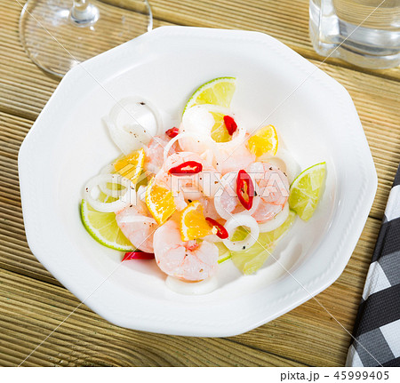 Ceviche with shrimps, lime, orange Ceviche with shrimps, lime, orange 45999405