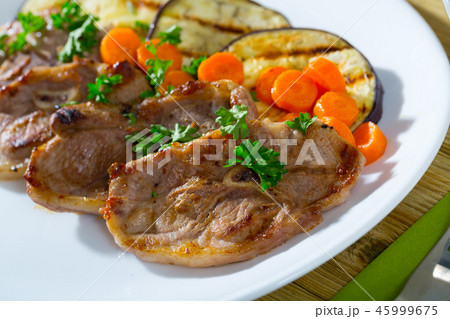 Roasted lamb meat with grilled eggplant 45999675