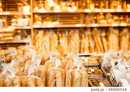 Image of shelves with variety bakery products in speciality department in the supermarket. Image of shelves with variety bakery products in speciality department in the supermarket. 46000549