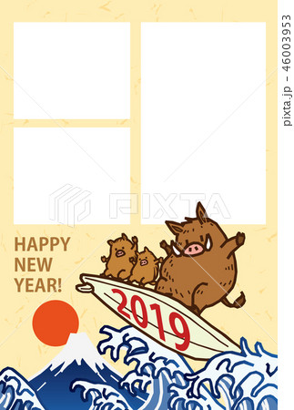 亥 2019 サーフボードに乗っている猪 フォトフレーム 年賀状 ベクターイラスト素材 46003953