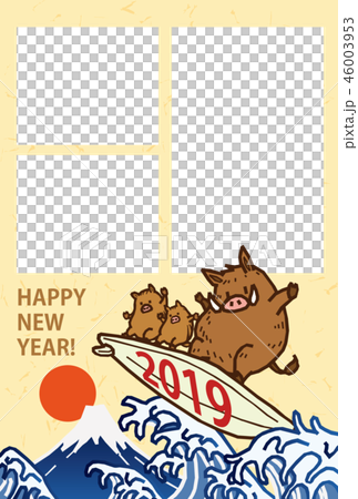 亥 2019 サーフボードに乗っている猪 フォトフレーム 年賀状 ベクターイラスト素材 46003953