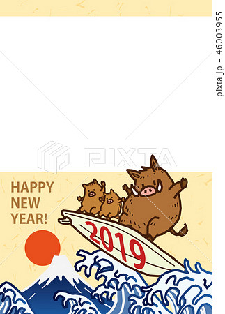 亥 2019 サーフボードに乗っている猪 フォトフレーム 年賀状 ベクターイラスト素材 46003955