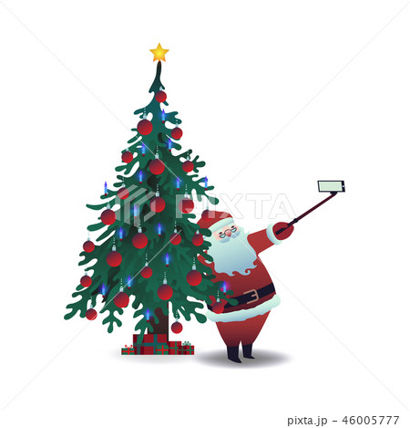 Vector illustration of Santa Claus taking selfie using smartphone camera and stick. 46005777