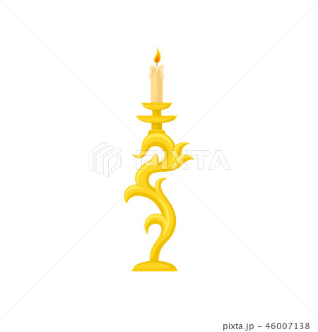 Candle in golden candlestick, curve vintage candle holder vector Illustration on a white background 46007138