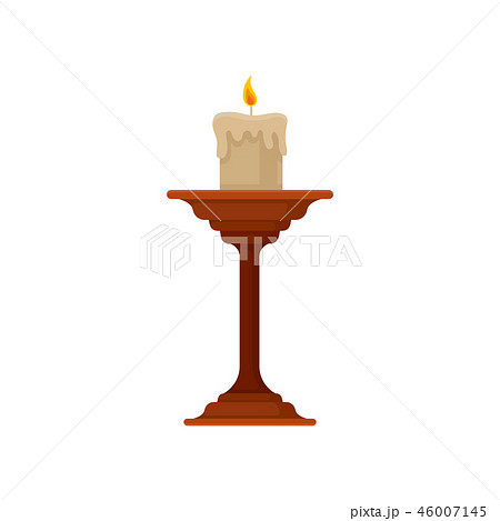 Burning candle in small candlestick, vintage copper candle holder vector Illustration on a white 46007145