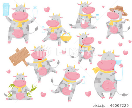 Cute happy spotted cow in different situations set, funny smiling farm animal cartoon character Cute happy spotted cow in different situations set, funny smiling farm animal cartoon character 46007229