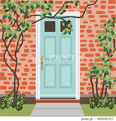 House door front with doorstep and lamps, flower 46008305