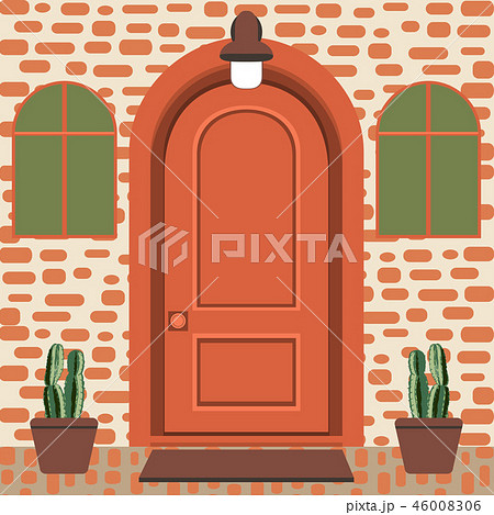 House door front with doorstep and lamps, flower 46008306