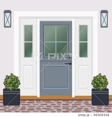 House door front with doorstep and lamps, flower 46008308