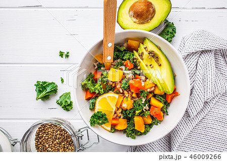 Vegan salad with rice, kale, baked pumpkin, carrot 46009266