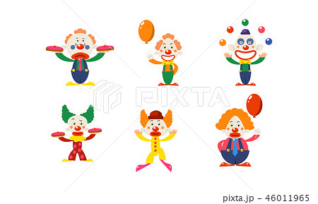 Flat vector set of clowns in different actions. Funny cartoon characters makeup on faces. Circus 46011965
