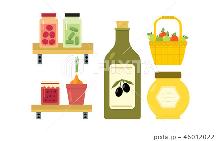 Flat vector design of basket with apples, pickled cucumbers and tomatoes, jar of jam and honey Flat vector design of basket with apples, pickled cucumbers and tomatoes, jar of jam and honey 46012022