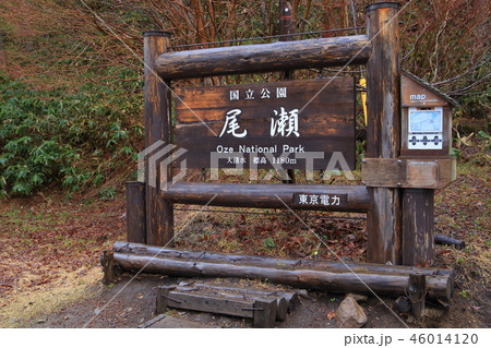 春の尾瀬 雨上がりの大清水休憩所付近の看板 46014120